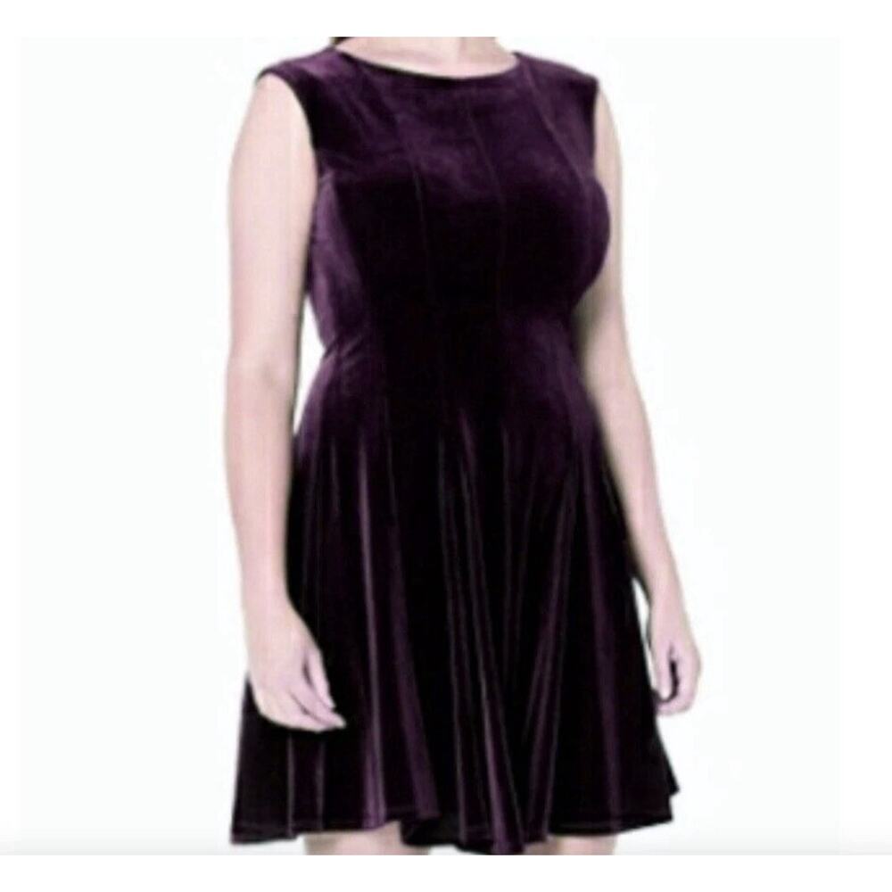 Gabby Skye Velvet Cocktail Dress Purple Size 14W Fit & Flare Sleeveless Glam NWT